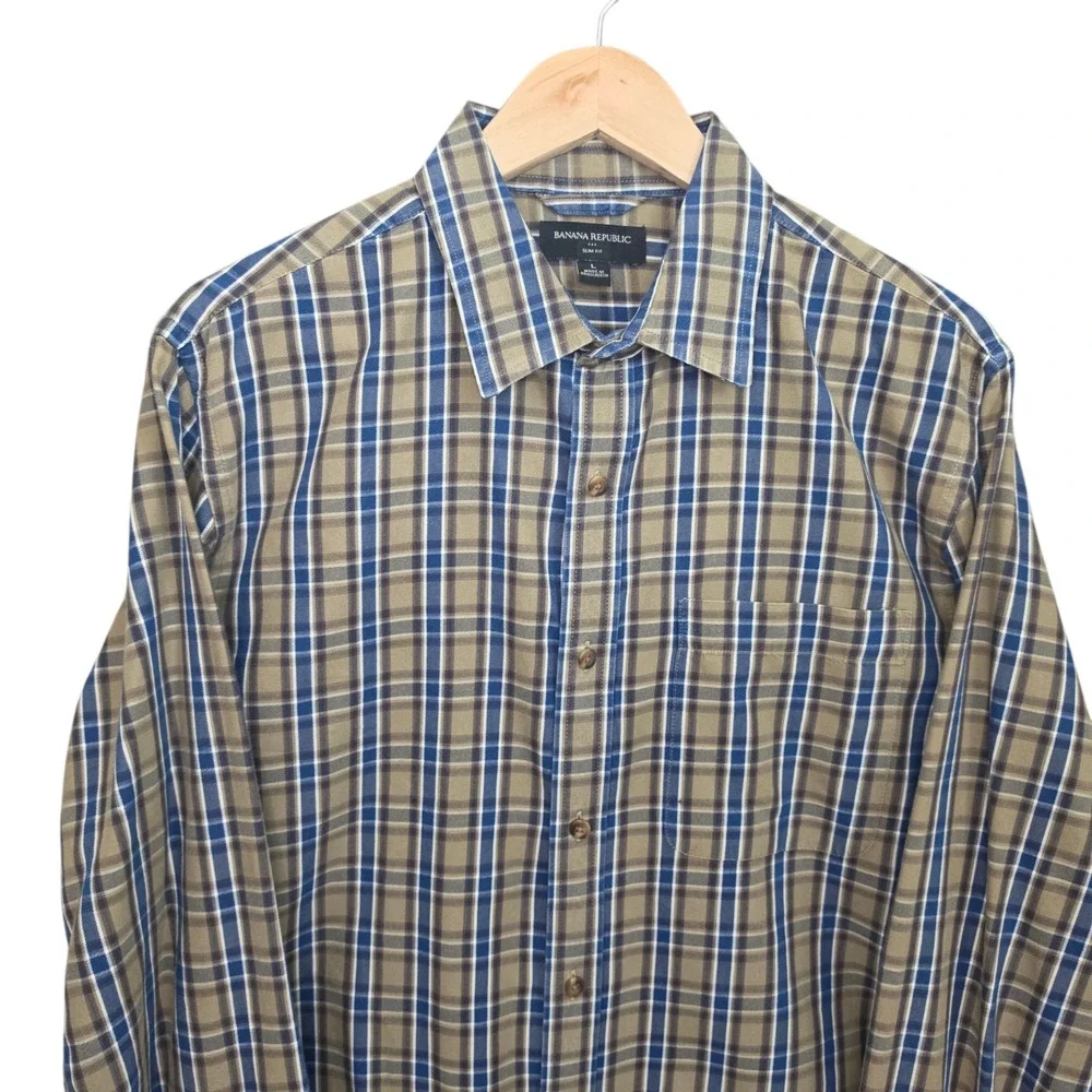 Banana Republic Shirt Mens‎ Large Blue Plaid Button Up Slim Fit Long Sleeve
